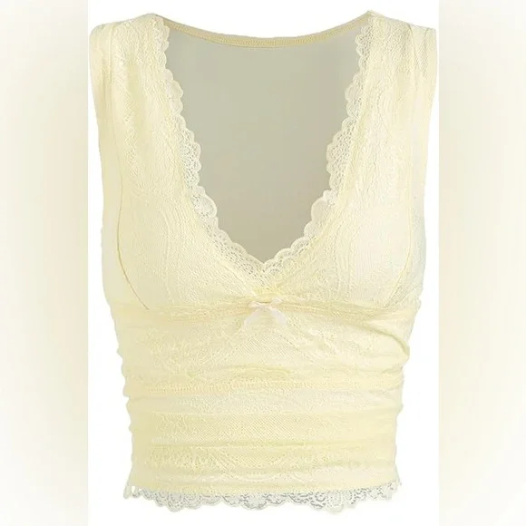 Pale Yellow Lace Trim Camisole Tank Top Y2K Lingerie Style S - Picture 11 of 13